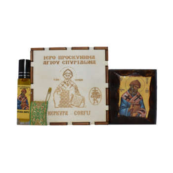 Σετ Κουτί Λειζερ με εικόνα Αγίου Σπυρίδωνος με Μύρο και Φυλακτό Μαξιλαράκι |