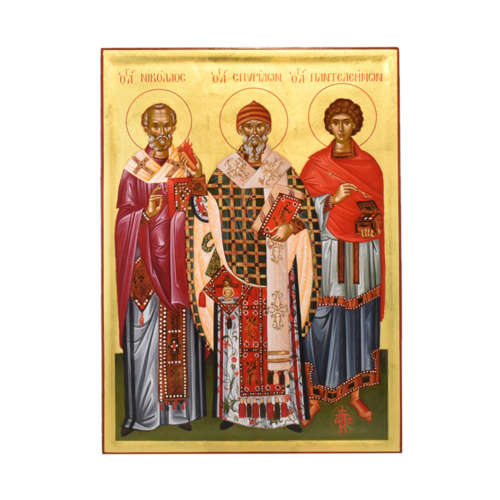 Икона со Святыми Николаем, Спиридоном и Пантелеймоном 0029