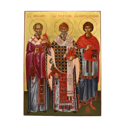 Икона со Святыми Николаем, Спиридоном и Пантелеймоном 0027